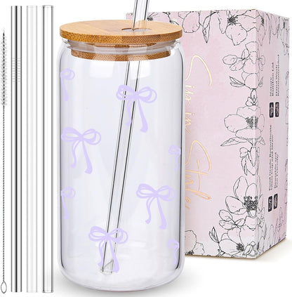 Coquette Cute Pink Bow Glass Cups with Lids and Straws, Aesthetic Iced Coffee Matcha Cup, Girly Preppy Design Tumbler Mug, Valentines Christmas Birthday Gifts for Women, Teen Girl Gifts Trendy Stuff