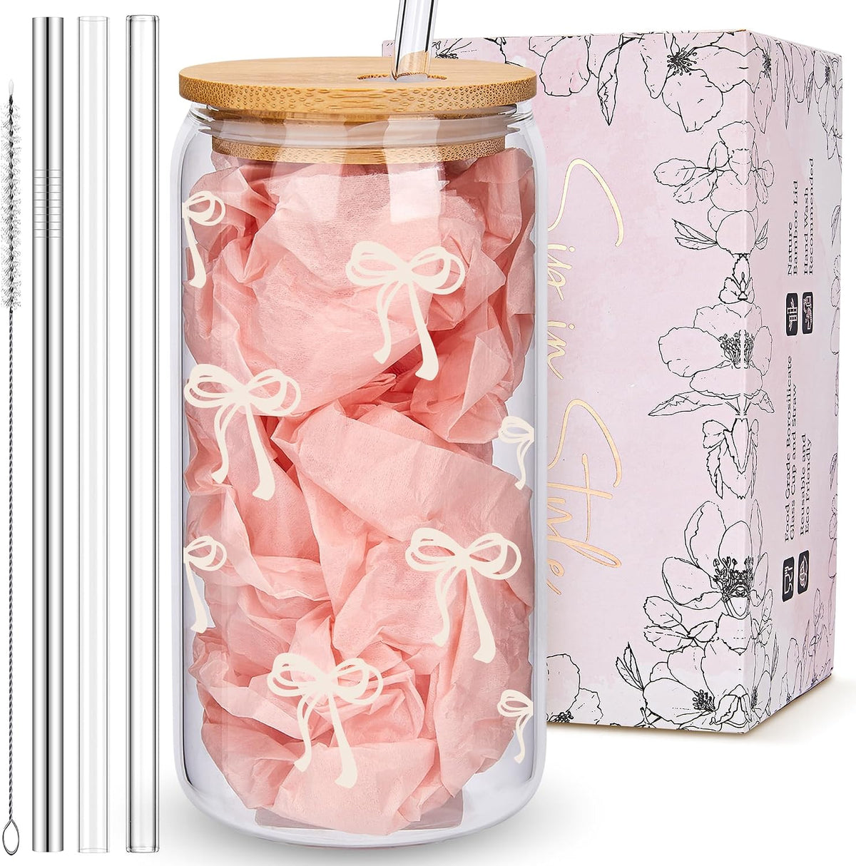 Coquette Cute Pink Bow Glass Cups with Lids and Straws, Aesthetic Iced Coffee Matcha Cup, Girly Preppy Design Tumbler Mug, Valentines Christmas Birthday Gifts for Women, Teen Girl Gifts Trendy Stuff