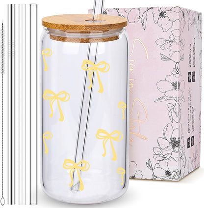 Coquette Cute Pink Bow Glass Cups with Lids and Straws, Aesthetic Iced Coffee Matcha Cup, Girly Preppy Design Tumbler Mug, Valentines Christmas Birthday Gifts for Women, Teen Girl Gifts Trendy Stuff