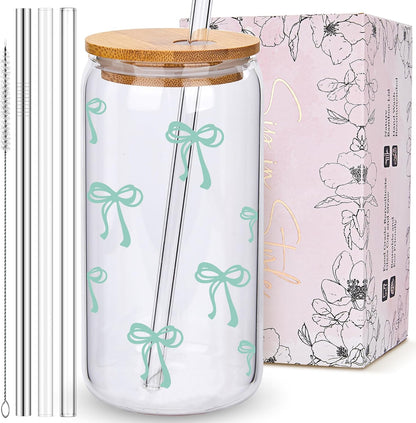 Coquette Cute Pink Bow Glass Cups with Lids and Straws, Aesthetic Iced Coffee Matcha Cup, Girly Preppy Design Tumbler Mug, Valentines Christmas Birthday Gifts for Women, Teen Girl Gifts Trendy Stuff