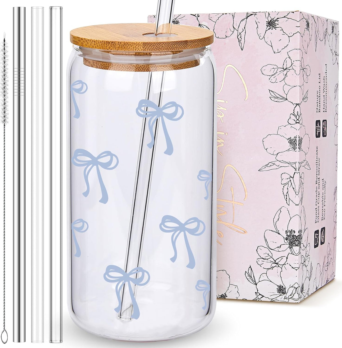 Coquette Cute Pink Bow Glass Cups with Lids and Straws, Aesthetic Iced Coffee Matcha Cup, Girly Preppy Design Tumbler Mug, Valentines Christmas Birthday Gifts for Women, Teen Girl Gifts Trendy Stuff
