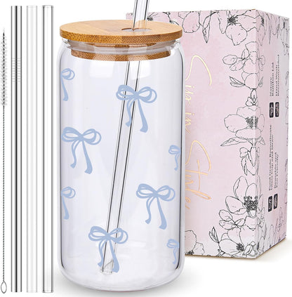 Coquette Cute Pink Bow Glass Cups with Lids and Straws, Aesthetic Iced Coffee Matcha Cup, Girly Preppy Design Tumbler Mug, Valentines Christmas Birthday Gifts for Women, Teen Girl Gifts Trendy Stuff