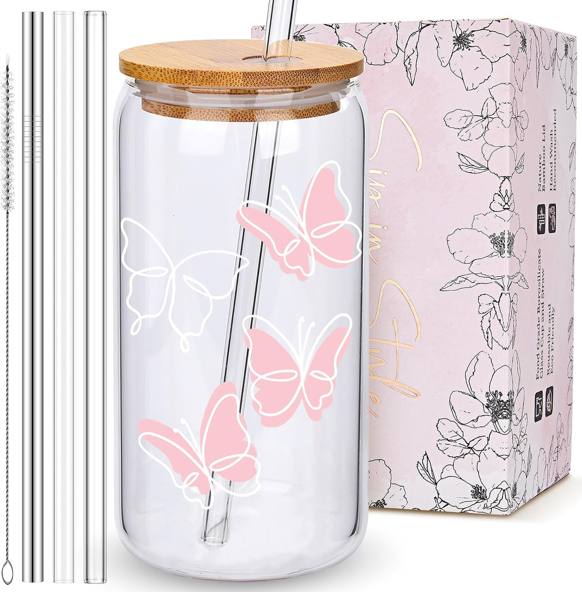 Coquette Cute Pink Bow Glass Cups with Lids and Straws, Aesthetic Iced Coffee Matcha Cup, Girly Preppy Design Tumbler Mug, Valentines Christmas Birthday Gifts for Women, Teen Girl Gifts Trendy Stuff