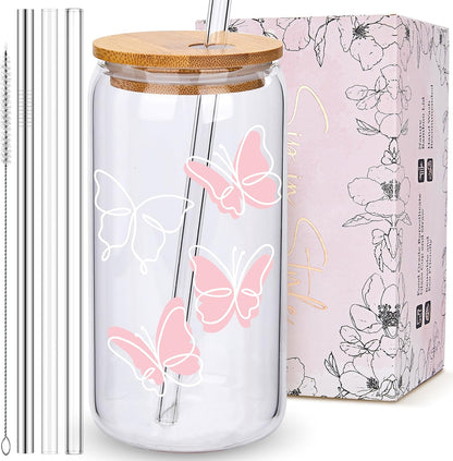 Coquette Cute Pink Bow Glass Cups with Lids and Straws, Aesthetic Iced Coffee Matcha Cup, Girly Preppy Design Tumbler Mug, Valentines Christmas Birthday Gifts for Women, Teen Girl Gifts Trendy Stuff
