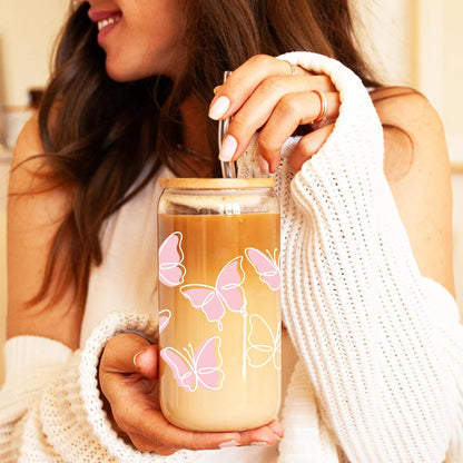 Coquette Cute Pink Bow Glass Cups with Lids and Straws, Aesthetic Iced Coffee Matcha Cup, Girly Preppy Design Tumbler Mug, Valentines Christmas Birthday Gifts for Women, Teen Girl Gifts Trendy Stuff