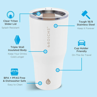 Yukon Triple Insulated Coffee Travel Mug with Lid, 20oz Cream White | Sturdy Stainless Steel Mug Keeps Drinks Cold Up To 8 Hours Or Hot Up To 4 Hours With Removable Slider Lid And Dishwasher Safe