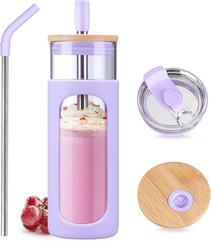 Kodrine 20oz Glass Water Tumbler with Straw and Lid, Bamboo Lids Water Bottle, Iced Coffee Cup Reusable, Wide Mouth Smoothie Cups with Protective Silicone Sleeve BPA FREE-Black - Colors A