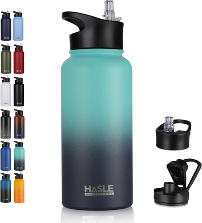 HASLE OUTFITTERS 32 oz Insulated Water Bottle Stainless Steel Double Walled Vacuum Sports Water Bottle with 2 Lids (Straw and Spout Lid) for Gym Camping Hiking(Black,1)