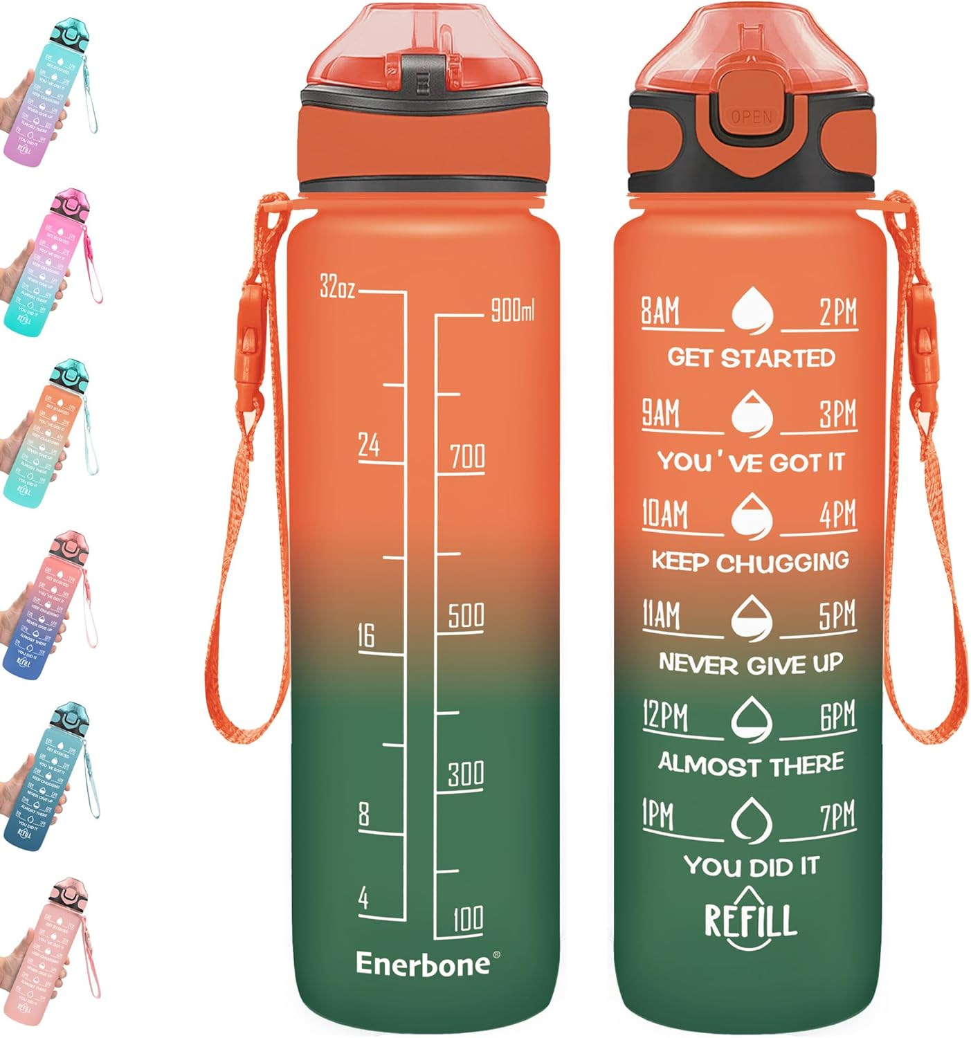 Enerbone 32 oz Drinking Water Bottle with Times to Drink and Straw, Motivational with Carrying Strap, Leakproof BPA & Toxic Free, Ensure You Drink Enough Water for Fitness Gym Outdoor