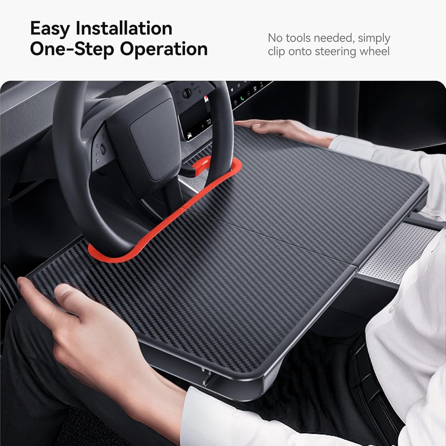 YONZEE 2-in-1 Car Steering Wheel Desk Tray & Car Seat Gap Filler Organizer – Foldable Carbon Fiber Look Table for Laptop, Eating Food, Writing – for Standard Round Steering Wheels