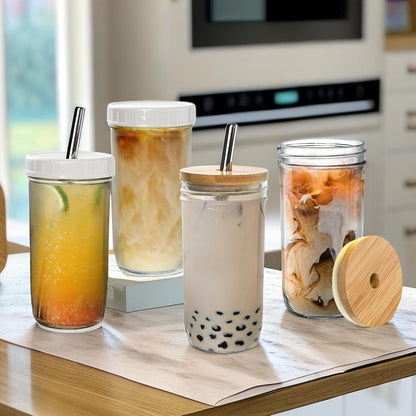 Yesland 6 Pack Glass Cups with Lids and Straws, 24 oz Mason Jar Smoothie Cup Aesthetic Cute Glass Tumbler Coffee Beer Can Cups Boba Cup for Bubble Tea, Juice, Gift