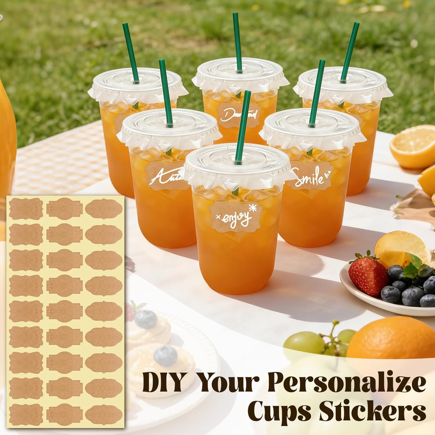25 Sets 16 oz Clear Plastic Cups with Lids and Straws, Disposable Iced Coffee Cups for Cold Beverages, Smoothies, Bubble Tea, Includes Leak-Proof Paper and Stickers