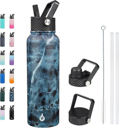 BJPKPK Insulated Water Bottles with Straw Lid, 40oz Stainless Steel Water Bottles with 3 Lids, BPA Free Leakproof Thermo, Tumblers, Cups for Sports, Gym- Midnight - Colors B