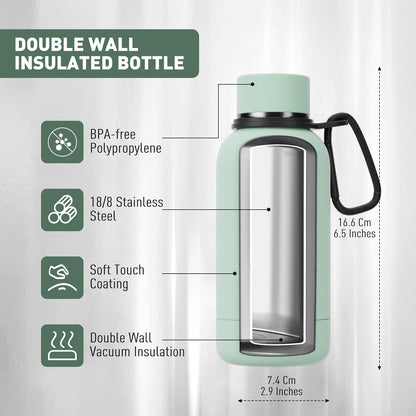 Exllena Slim Insulated Water Bottles for Travel 18oz with Clip, Double Wall Vacuum Stainless Steel Water Bottle Keeps Drinks Cold 24 Hrs/Hot 12 Hrs, 100% Leakproof, BPA Free(Black)