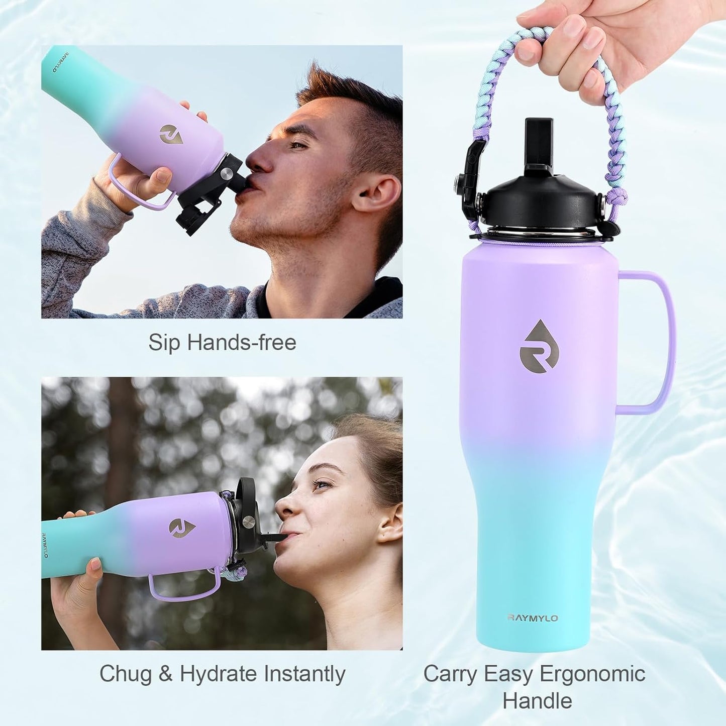 RAYMYLO 40 oz Insulated Water Bottle with Straw fit in Car Cup Holder, Triple Wall Vacuum Stainless Steel(Cold 48 hrs, Hot 24 hrs), Leakproof & Non-BPA, Hydro Travel Flask with Straw and Spout Lid