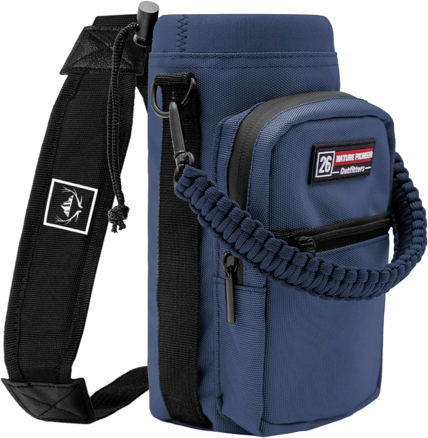 NATURE PIONEOR Water Bottle Holder with Adjustable Strap - 26/32/36/40/46/64oz Insulated Water Bottle Sling Carrier with Paracord Handle & 2 Pockets, Outdoor Sports, Hiking, Camping, Gym