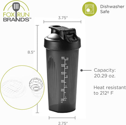 Fox Run Blending Bottler, 20 oz Shaker Bottle with Stainless Steel Ball Whisk and Measurements
