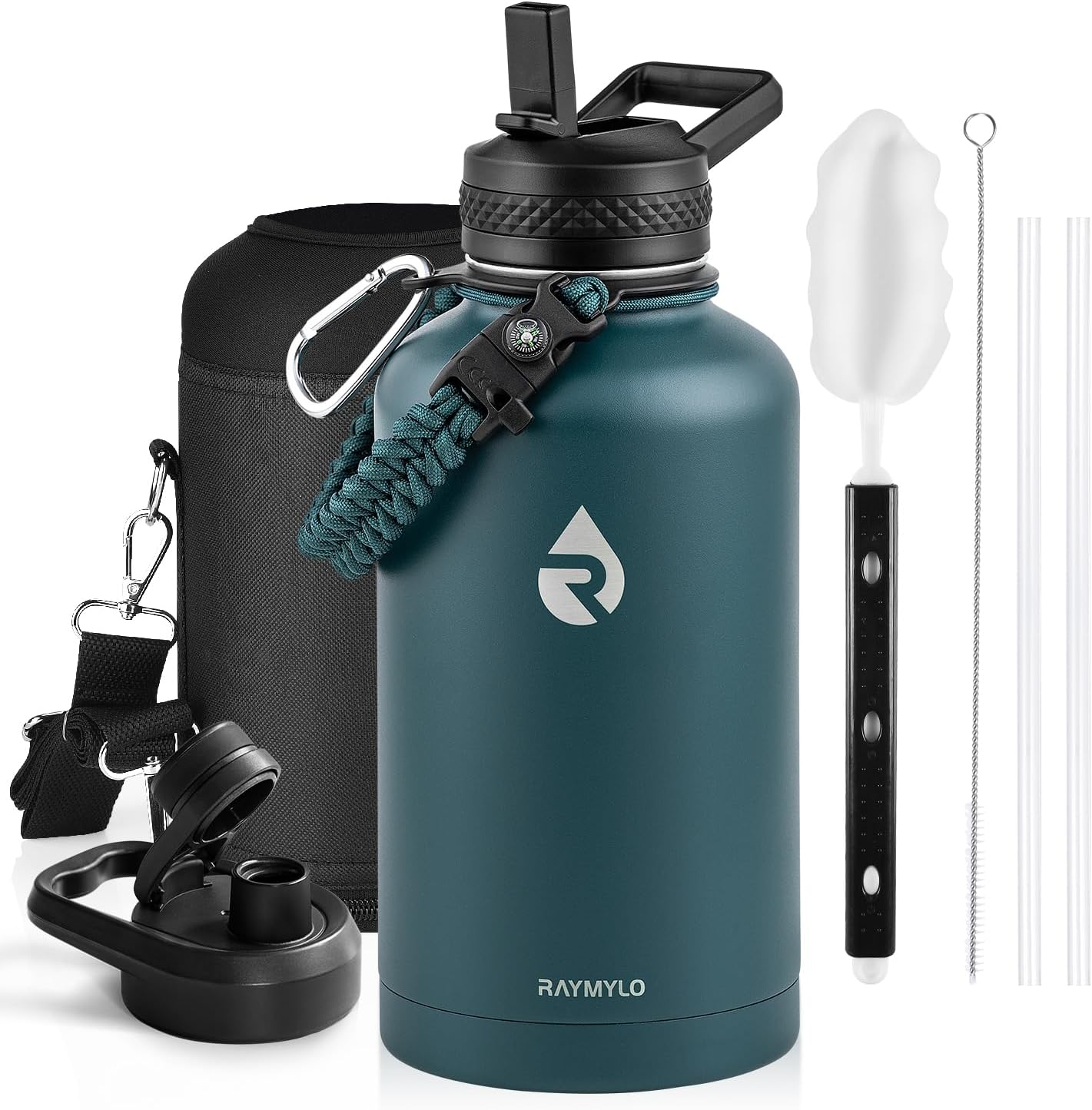 RAYMYLO One Gallon Water Bottle Insulated, Triple Walled Vacuum Stainless Steel (Cold for 48 Hrs), Leak Proof & Non-BPA, Large Water Flask Jug with Paracord Handle & Straw Spout Lids