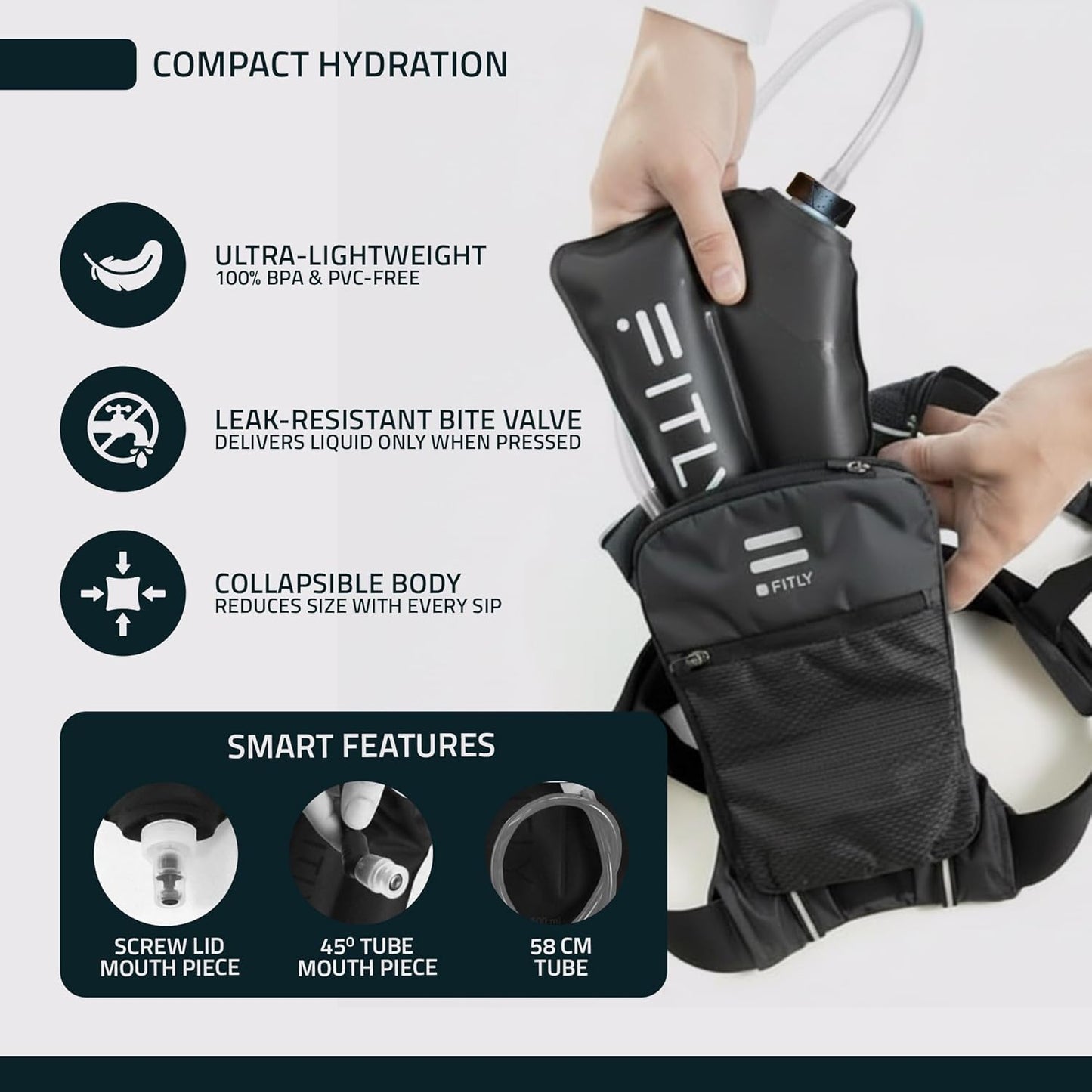 FITLY Soft Flask - Shrink As You Drink Soft Water Bottle for Hydration Pack - Folding Water Bottle Ideal for Running, Hiking, Cycling, Climbing & Rigorous Activity