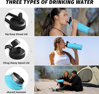 40oz Insulated Water Bottle (Cold for 48 Hrs),BPA Free&Leak Proof,Stainless Steel Water Flask,Water Jug with Straw Spout Lids for Gym,Hiking,Travel,Black Blue