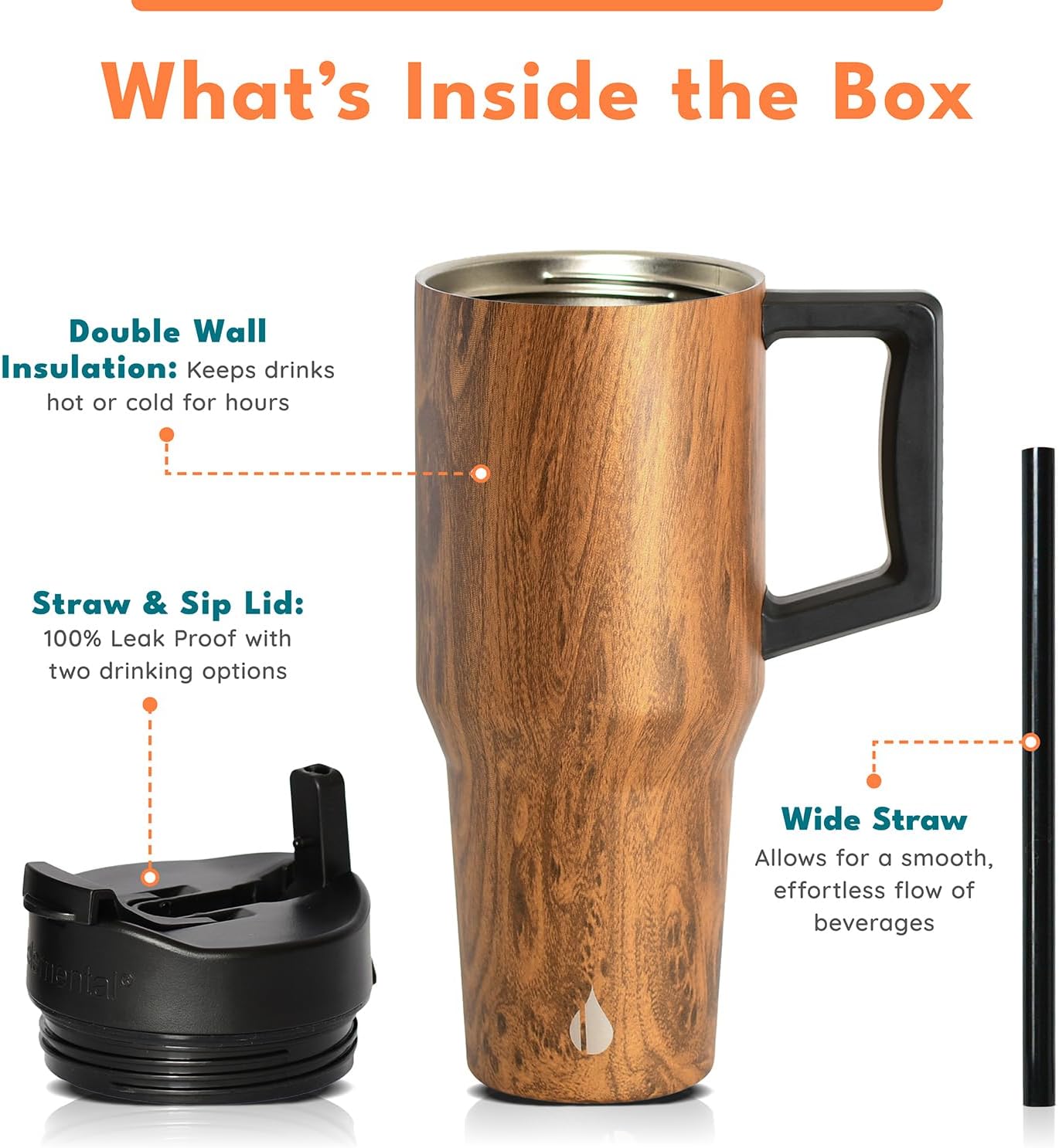 Elemental 32 oz 100% Leak Proof Tumbler with Handle & Straw - Stainless Steel Double Wall Insulated Tumbler for Hot and Cold Beverages - Travel Coffee Mug with Sip & Straw Lid - White - Colors B