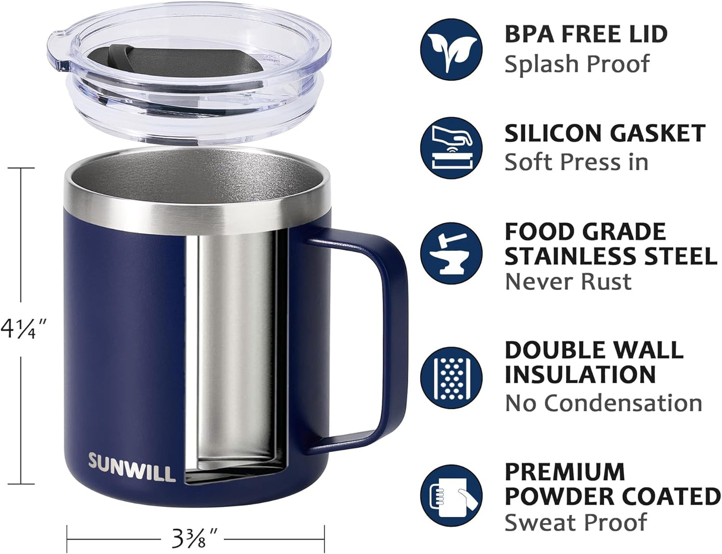 SUNWILL Travel Coffee Mug with Lid, Insulated Tumbler with Handle, 14 oz Stainless Steel Cup for Ice, Water, Tea, Rose Gold