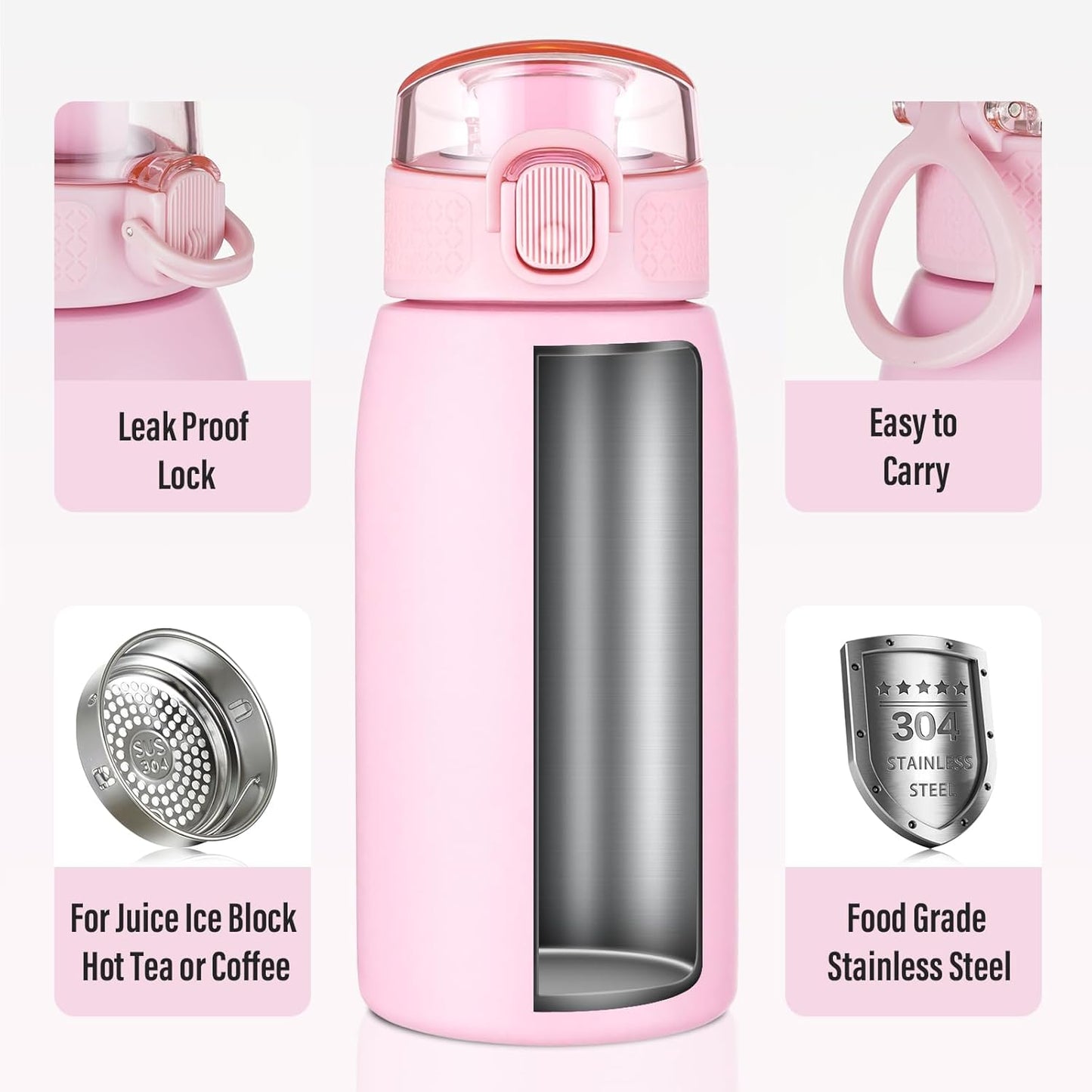 Insulated Water Bottle 24 oz with Dustproof Lid, Carry Handle & Tea Infuser, BPA-Free & Leakproof, Stainless Steel Water Bottles Ideal for Fitness, Hiking, Office & Outdoor Use (Black)