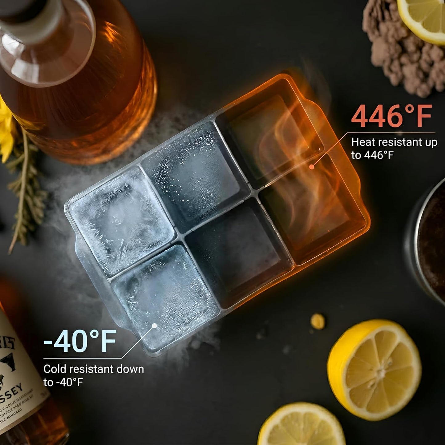 KitchFort Large Silicone Ice Cube Tray (2-Pack), Easy Release 2" Big Ice Cubes - Cocktail, Whiskey Ice Cubes Mold - Ice Trays for Freezer with Lid - Stackable Silicone Ice Tray - Black