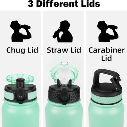 Oldley Insulated Water Bottle 20oz for Adults Kids Stainless Steel Water Bottles with Straw/Chug/Carabiner 3 Lids Fruit Strainer Double Wall Vacuum Wide Mouth BPA Free Leak-Proof for School Travel