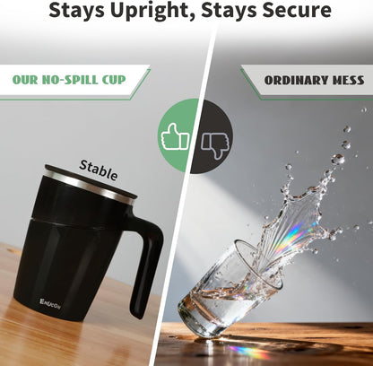 Anti-Impact No-Tip Desk Mug, 470ml / 15.9oz Stainless Steel Vacuum Insulated Mug with Handle, Smart Suction Base, Non-Slip & Knock Proof, Helps Prevent Desk Spills for Coffee, Tea, Kids & Pets (Black)