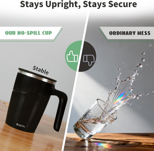 Anti-Impact No-Tip Desk Mug, 470ml / 15.9oz Stainless Steel Vacuum Insulated Mug with Handle, Smart Suction Base, Non-Slip & Knock Proof, Helps Prevent Desk Spills for Coffee, Tea, Kids & Pets (Black)