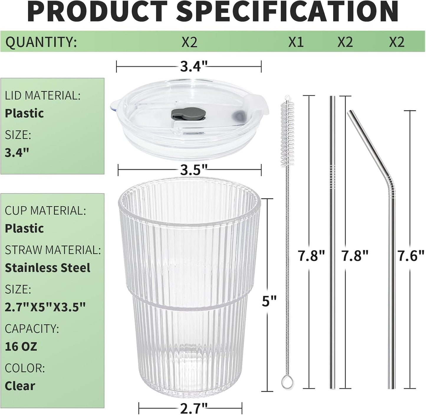 16 OZ Iced Coffee Cups with Lids and Straws Set of 4, Unbreakable Plastic Drinking Glasses Reusable Iced Coffee Glass to Go Cup for Iced Tea,Juice, Water,BPA Free, Dishwasher Safe