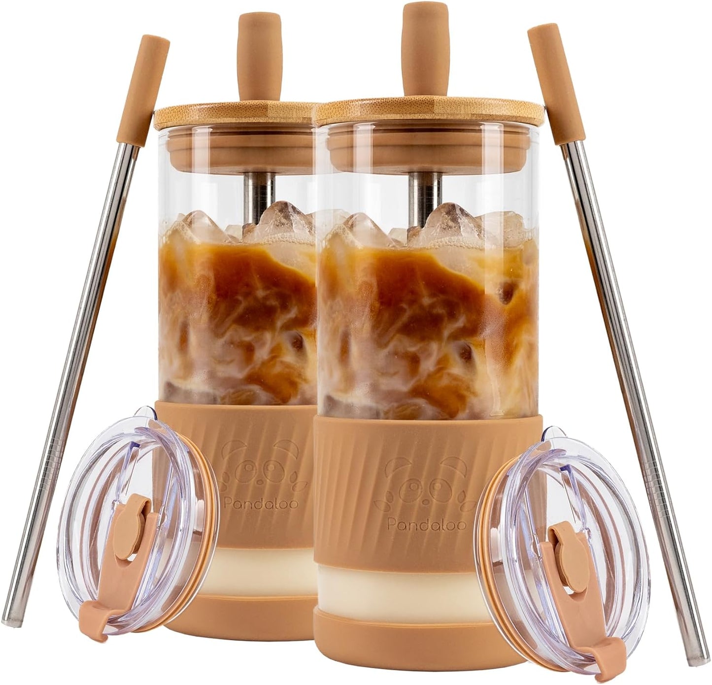 Pandaloo® Glass Cups With Lids and Straws -20 Fl Oz- Perfect Size Iced Coffee Cup - Smoothie Cup With Bamboo Lid and On the go Lid - Glass Tumbler With Straw (1 Count (Pack of 1), Lilac Rhapsody)