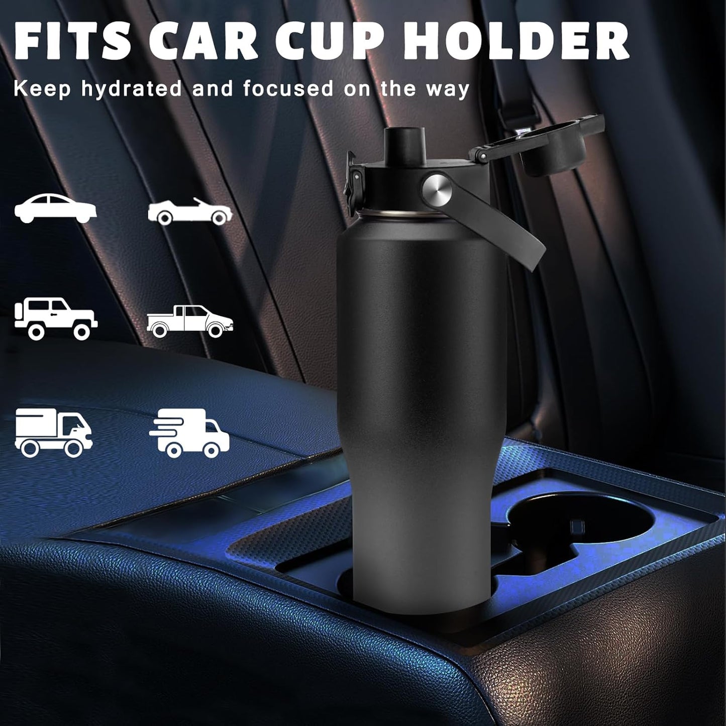 Insulated Water Bottle 40 oz - Fits in any Car Cup Holder, Keep Cold 48H Hot 24H, Stainless Steel Waterbottle Double Wall Flask with Straw, Pop-up Spout Lid, Paracord Handle, Carrier Bag