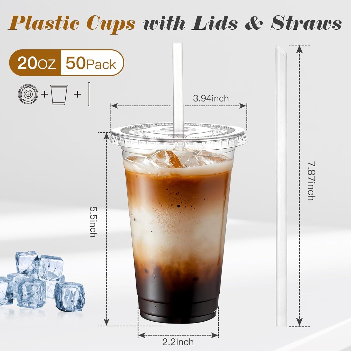Ginkgo 50 Pack 20 oz Plastic Iced Coffee Cups with Lids and Straws, Clear Disposable To Go Cups for Coffee, Cold Drinks, Smoothie and Coffee Bar Accessories