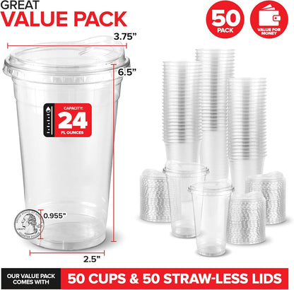 16 oz Clear Plastic Cups with Lids Disposable, Togo Drinking Cup with Strawless Sip Lid for Smoothie, Cold Brew Iced Coffee, Lemonade, Ice Latte, Boba, Party Drinks, Bulk, 16 Ounce (Set of 50)