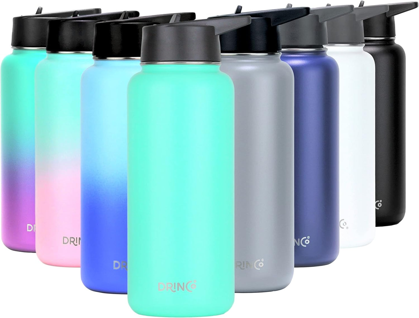 Drinco Stainless Steel Water Bottle Spout Lid Vacuum Insulated Double Wall Water Bottle Wide Mouth (40oz 32oz 22oz 18oz 14oz) Leak Proof Keep Cold Sport Camping Hiking (22 oz, 22oz Black)