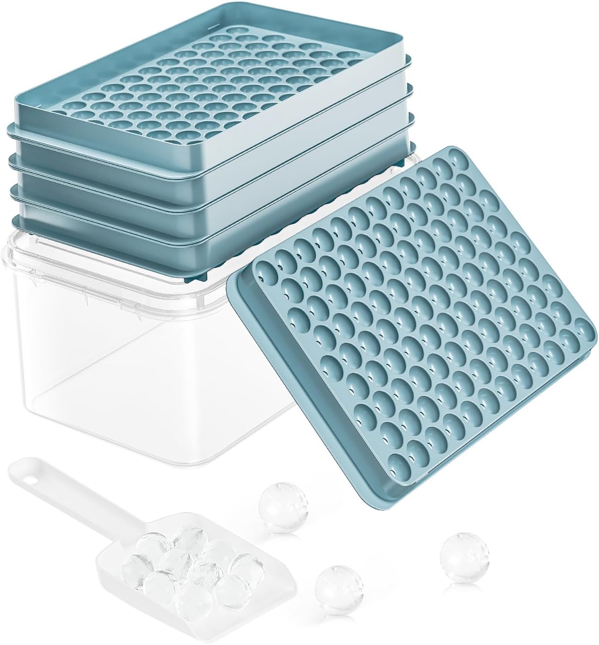 Ice Cube Tray with Lid and Bin – Round Ice Cube Trays for Freezer, BPA-Free Food-Grade Ice Mold, Stackable Ice Ball Maker, Iced Bucket Kits, Circle Ice Tray for Cocktails, Whiskey, Coffee, and Drinks