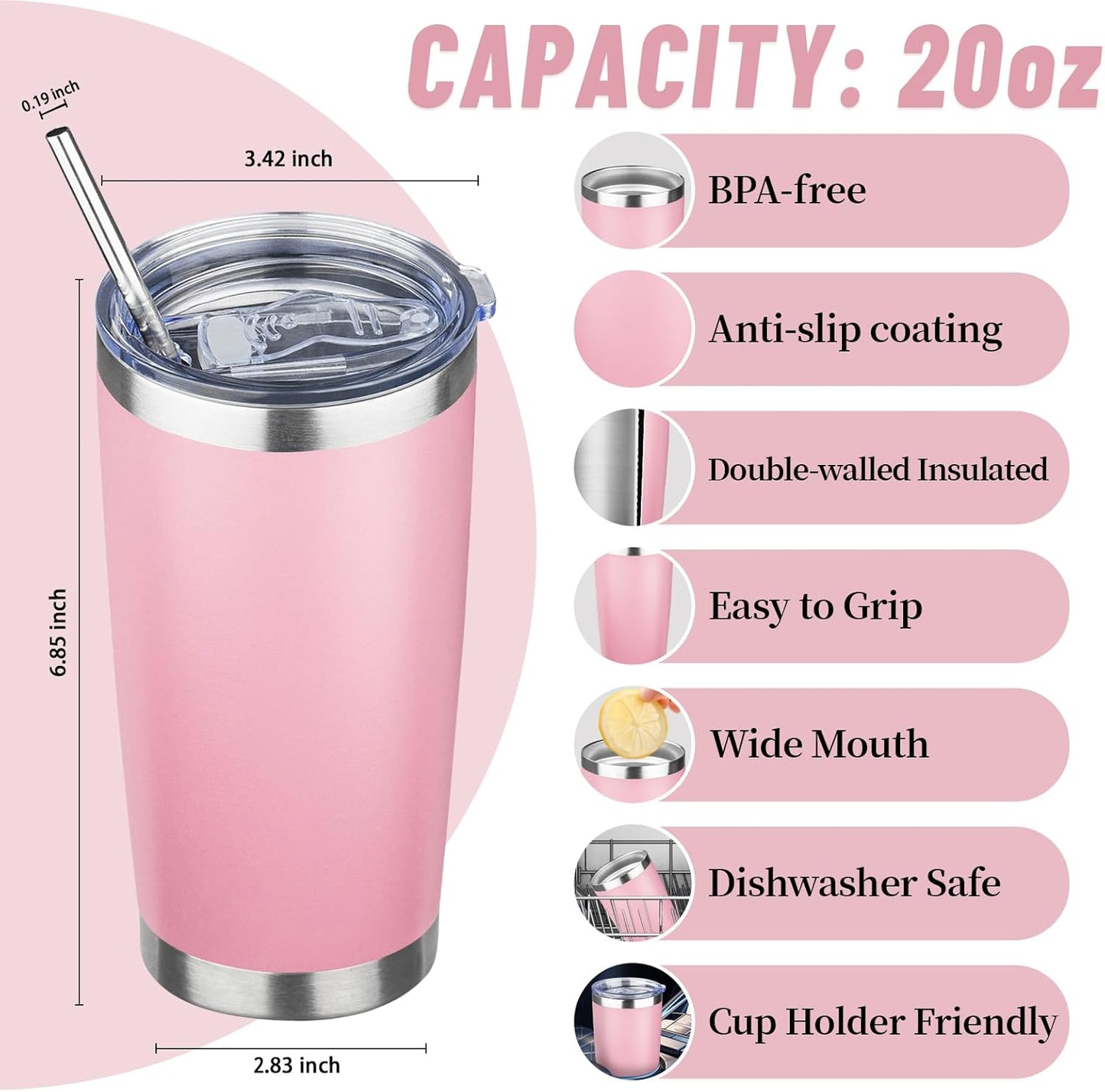 20 oz Tumbler with Lids and Straws, Stainless Steel Insulated Travel Coffee Mug, Double Wall Vacuum Insulated Tumblers, Powder Coated Coffee Tumbler for Cold & Hot Drinks (Light Purple)