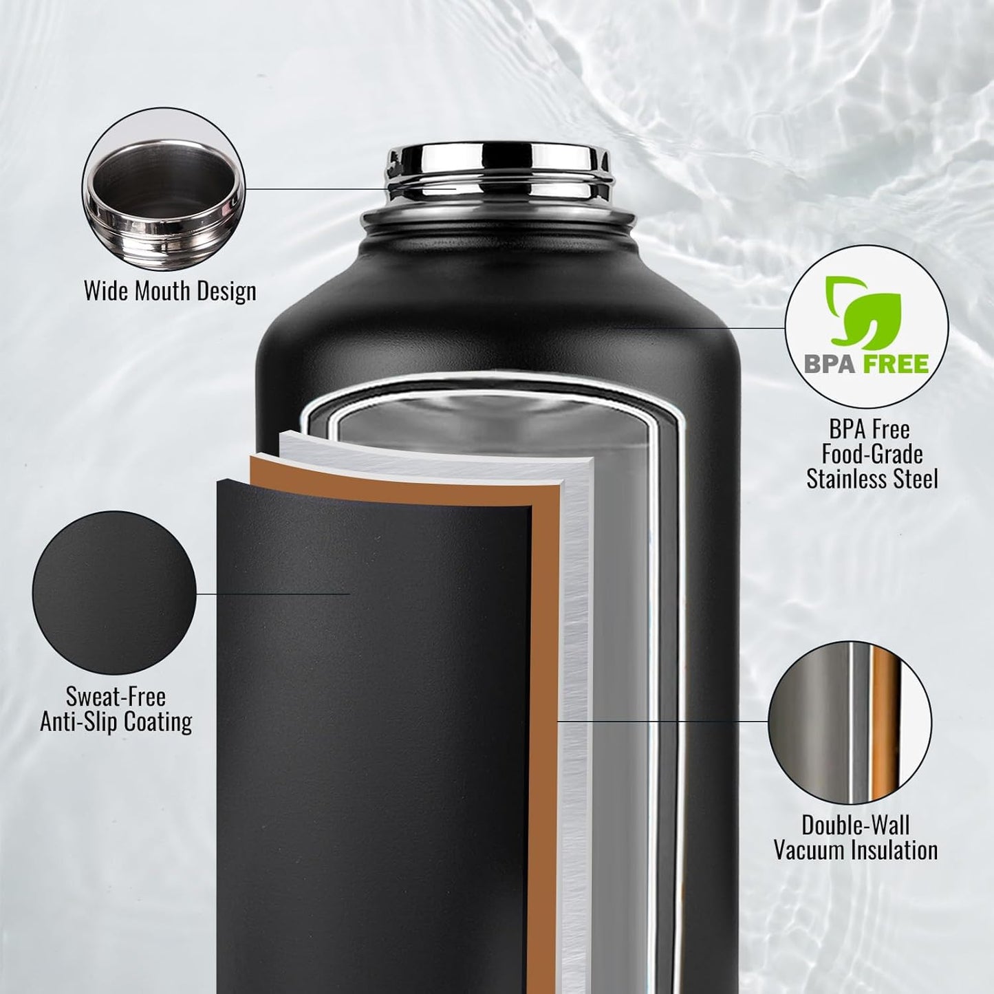 Fijinhom 24 oz Insulated Water Bottle with Handle, 304 Stainless Steel Water Bottles with Wide Mouth, Double Wall Vacuum Sports Water Bottle, BPA Free, Keep Cold and Hot, Black | with Handle