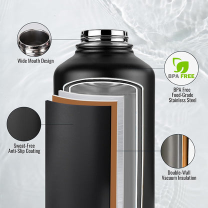 Fijinhom 24 oz Insulated Water Bottle with Handle, 304 Stainless Steel Water Bottles with Wide Mouth, Double Wall Vacuum Sports Water Bottle, BPA Free, Keep Cold and Hot, Black | with Handle