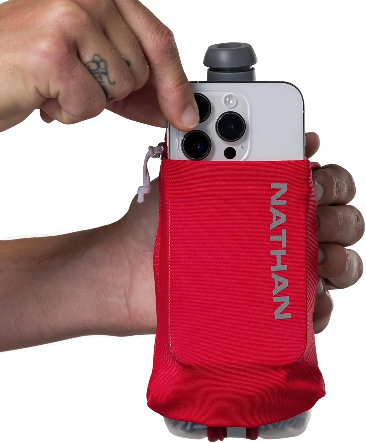 Nathan SpeedDraw 2 Insulated Handheld Running Water Bottle Flask 18oz – Double-Wall Insulation, Ergonomic Grip, Blast Valve Cap, Phone & Key Storage Pockets, Reflective Design