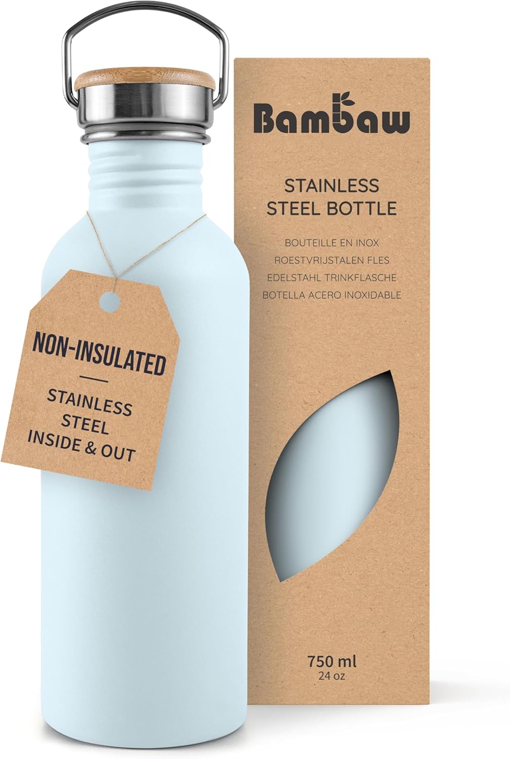 Bambaw Stainless Steel Water Bottles 32 oz, Non-insulated Single Wall Metal Water Bottle Stainless Steel, Reusable & Eco Friendly, Dishwasher Safe – Silver | Non-insulated