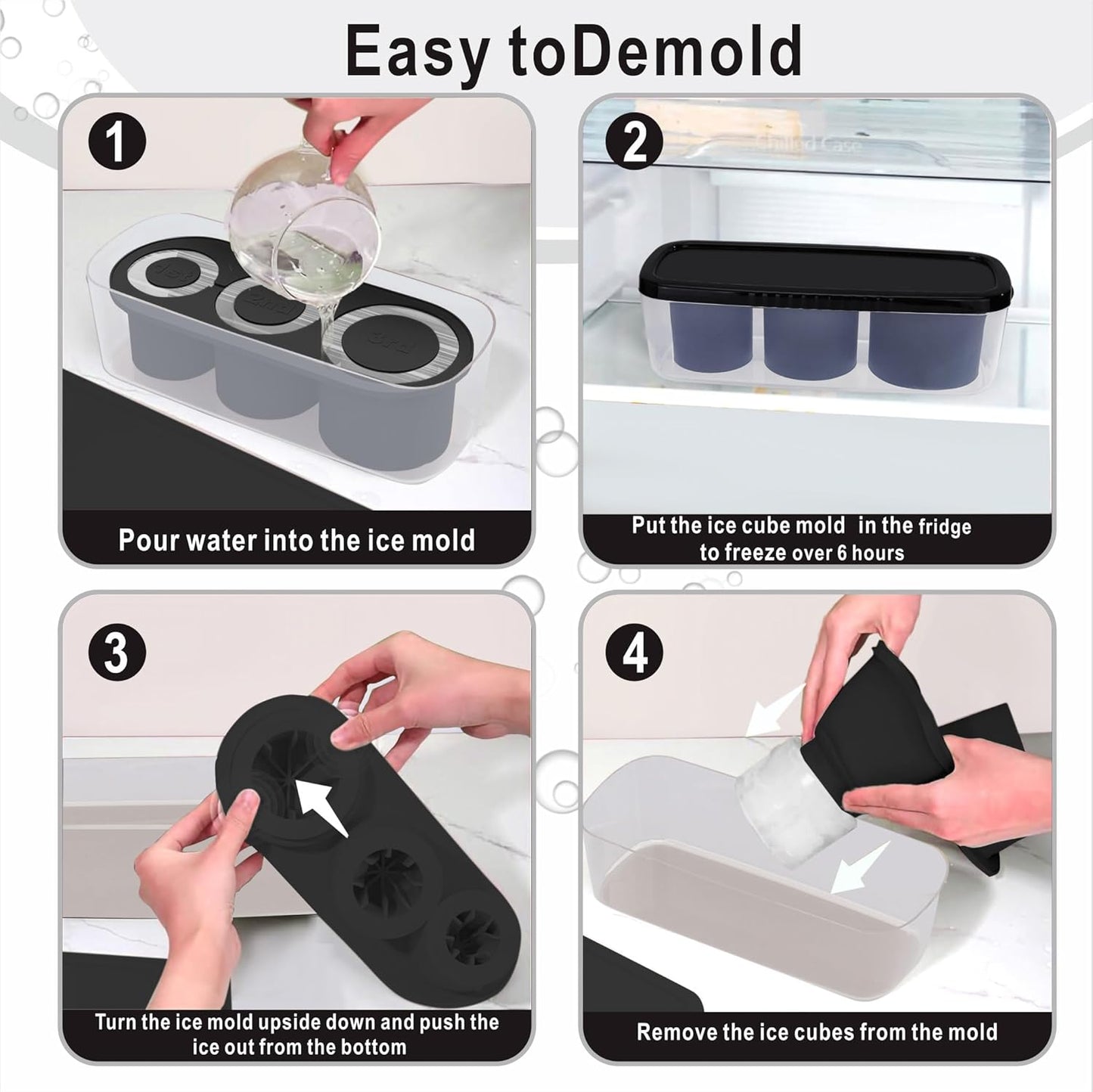 2pc Tumbler Ice Tray for Stanley/Yeti/Simple Modern etc. 30-40oz Tumblers, Silicone Ice Cube Tray for Tumblers with Bin and Lid, Black