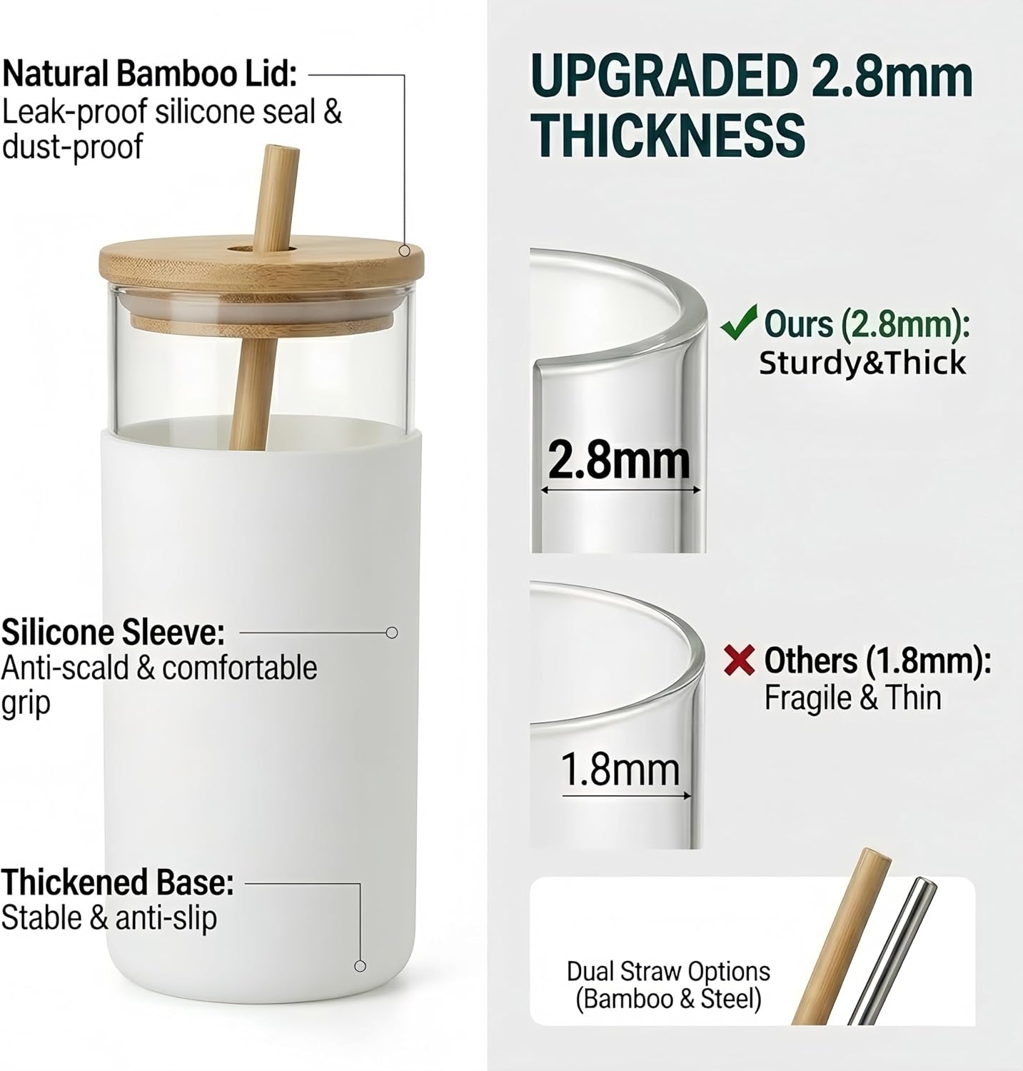 16oz Glass Tumbler with Lid and Straw, Thick Borosilicate Glass Iced Coffee Cup with Protective Silicone Sleeve, Car Cup Holder Friendly Reusable Smoothie Cup for Matcha Tea and Boba, Gift Box Ready