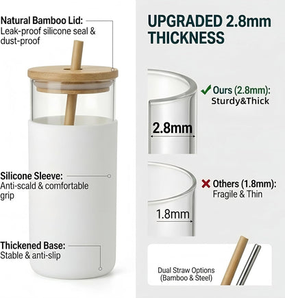16oz Glass Tumbler with Lid and Straw, Thick Borosilicate Glass Iced Coffee Cup with Protective Silicone Sleeve, Car Cup Holder Friendly Reusable Smoothie Cup for Matcha Tea and Boba, Gift Box Ready