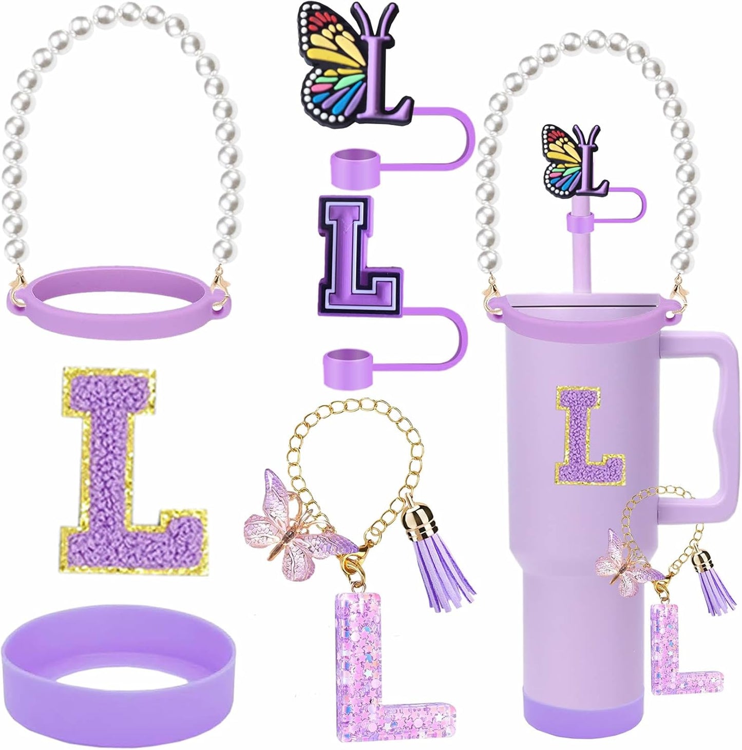7pcs Cup Accessories for Stanley 30/40oz Tumbler, Handle Strap, Straw Cover, Silicone Boot, Letter Charm Stickers
