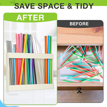 Qinyoung Acrylic Straw Holder for Cabinet Door with Double Sided Adhesive Tape Reusable Straw Organizer Tumbler Storage Kitchen Accessories Container for Counter Cupboard(Classic,Large,Transparent)