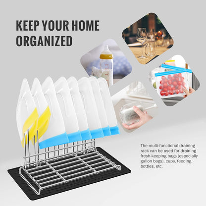 IDEATECH Reusable Bag Rack with Cup Drying Mat,Plastic Bag Dryer Rack Dish Drying,Collapsible Kitchen Counter Storage Organizer Sponge Holder,Dryer Rack for Silicone Storage Bag,Kitchen Must Have