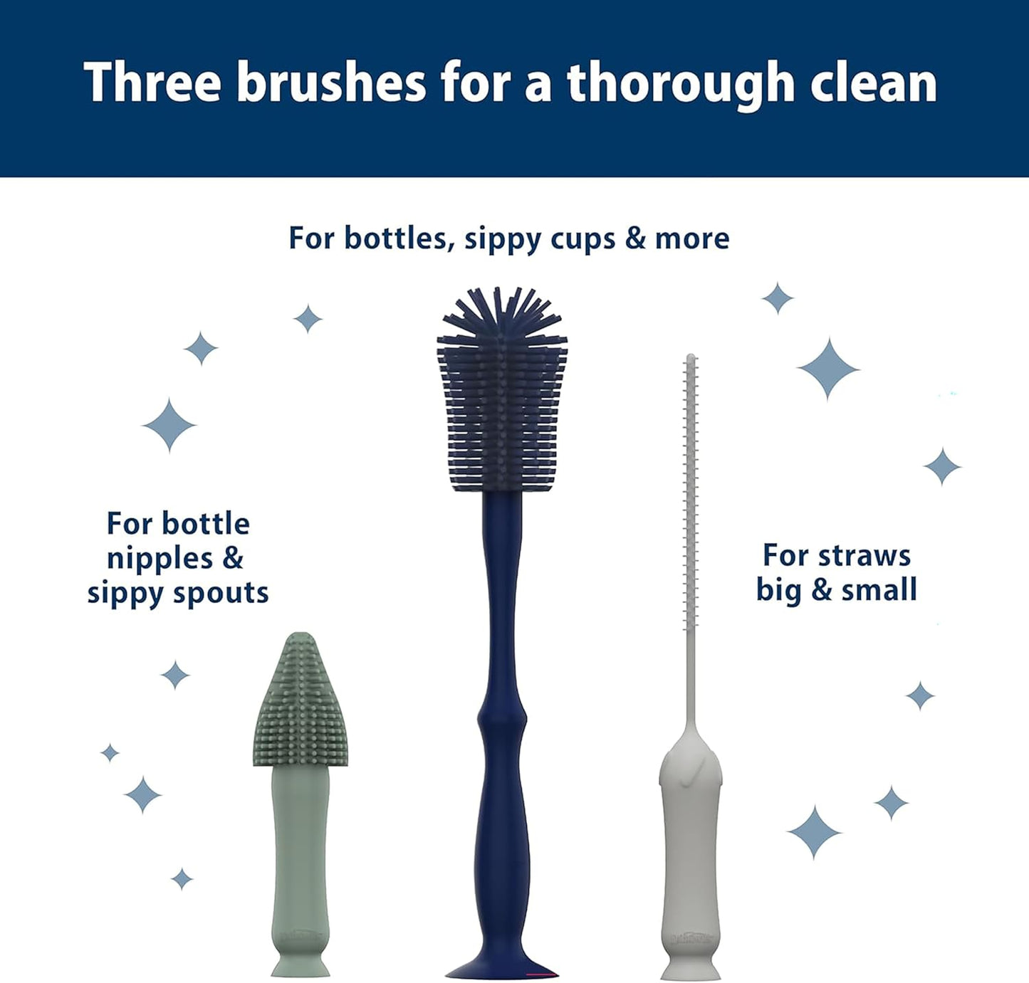 Dr. Brown's Silicone Cleaning Brush Set with Bottle, Spout, and Straw Brush, 3 Brushes to Clean Baby Bottles, Spouts, Nipples, and Straws, BPA Free – 3-Pack